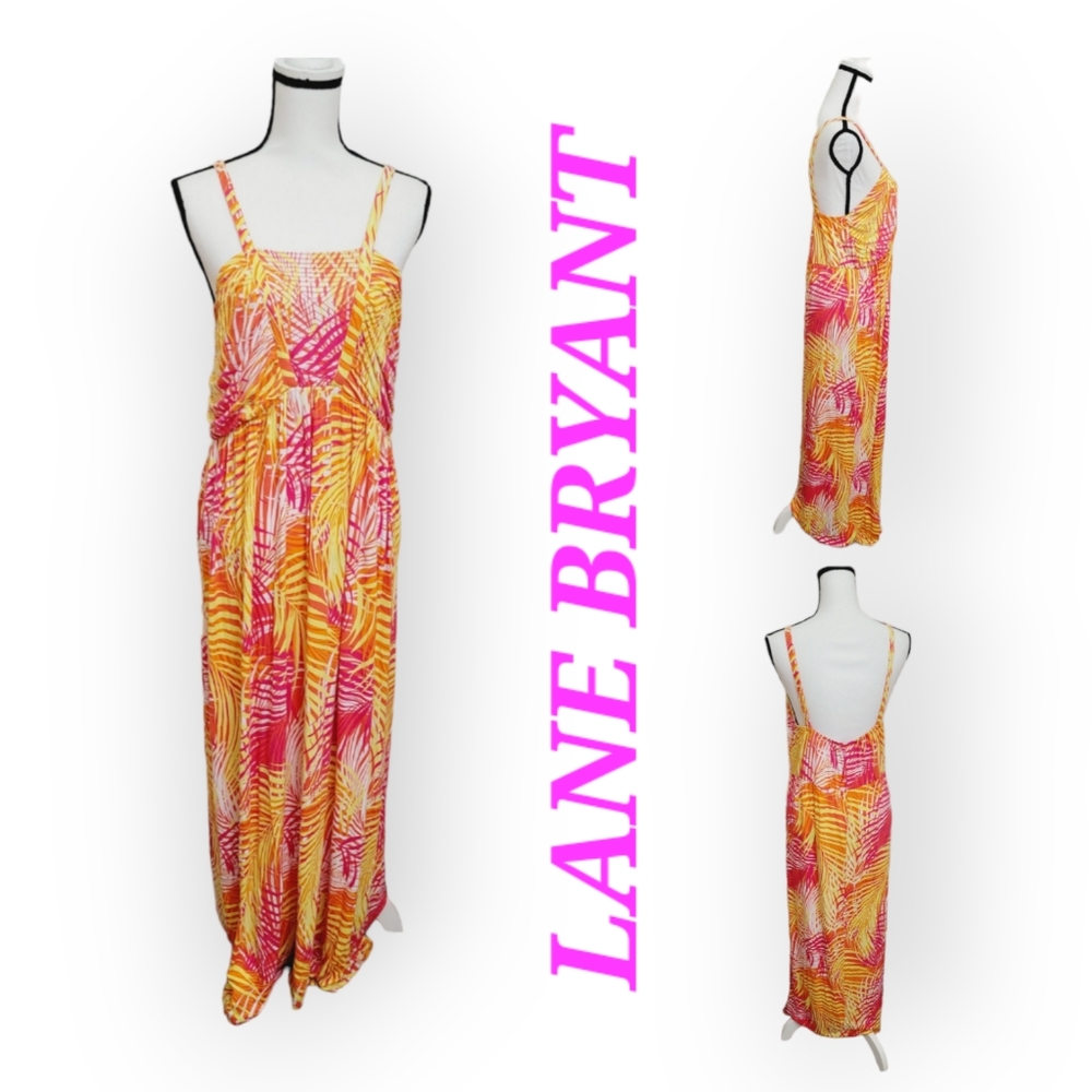LANE BRYANT Tropical Palms tree spaghetti straps slip on maxi dress